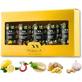 Antico Frantoio Muraglia Flavored Cold Pressed EVOO Gourmet Italian Tasting Gift Set | Five .67 Fl Oz (20 ml) Bottles of Cold Pressed Blends Simple Natural Ingredients | Fresh Chili Pepper, Celery, Ginger, Lemon, Garlic | Imported from Italy | Gift Boxed in Saudi Arabia