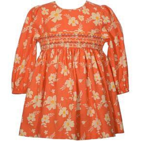 Bonnie Jean Girl's Thanksgiving Dress - Orange Floral Smocked Dress for Baby Toddler and Little Girls