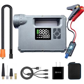 16000mAh & 2000A Jump Starter with Air Compressor, 2000 Lumen Camping Light & Flashlight, 150PSI & 2X Rapid Inflation Tire Inflator Portable Air Compressor Suitable for Car, Motorcycle, Bicycle, Ball