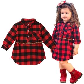 2PCS Baby Girls Plaid Shirt Dress Lapel Long Sleeve Button Irregular Trimmed Pullover Blouse + Belt