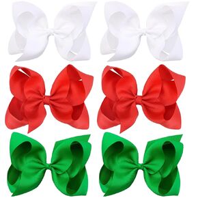 Christmas Grosgrain Ribbon Hair Bow Clips 6" Big Handmade Solid Color Hair Bow with Alligator Clips Hair Accessories for Little Teen Toddler Girls Kids (Red Green White)