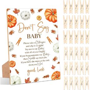 Little Pumpkin Don't Say Baby Clothespin Game, Pack of 1 Wooden Tabletop Sign with Stand and 50 Mini Natural Clothespins, Fall Autumn Baby Shower Game, Gender Reveal Party Decorations - QX06
