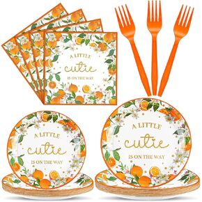 Sunnyray 96 Pcs Little Cutie Baby Shower Party Supplies Plates Napkins Forks Set, a Little Cutie Is on the Way Birthday Decoration Oranges Citrus Fruit Print Tableware Kit for 24 Guests