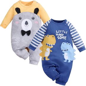 2-Pack Baby Boys Girls Clothes Newborn Cartoon Dinosaurs Print Long Sleeve Romper Animals Onesie