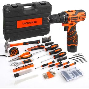 COMOWARE Home Tool Kit with Pink Drill, 195PCS Household Tool kit with 12V Cordless Power Drill, Power Drill Sets Home Repairing Tool Sets with Storage Case for Women