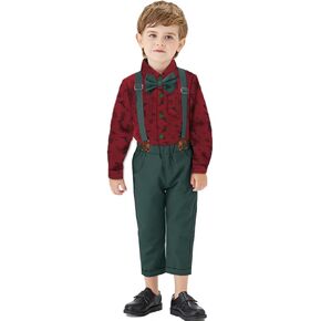 AGQT Baby Boys Christmas Gentleman Set Formal Suit Long Sleeve Bowtie Shirt Romper Suspenders Shorts Pants