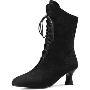 Victorian Boots for Women Vintage Granny Boots Renaissance Mid Calf Boots Costume Lace Up Low Heel Goth Boots with Zipper