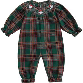 My First Christmas Baby Girl Outfit Santa Print Plaid Puff Sleeve Smocked Bubble Romper Frill Trim Ruffle Jumpsuit