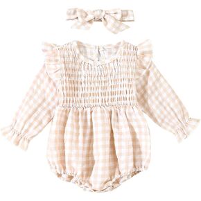 ZAXARRA Newborn Baby Girls’One Piece Plaid Bubble Romper Smocked Pleated Festival Clothes Infant Fall Checkered Outfit