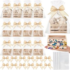 12 Pcs Gift Basket Empty Kit Small Wood Crates Unfinished Wooden Storage Box Set 12 Bows 12 Clear Treat Bags for Halloween, Thanksgiving, Christmas Craft Gift Basket Home Decor(Wood Color)