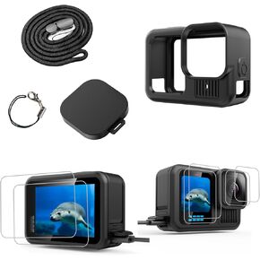 Silicone Case Accessories Kit Compatible with Gopro Hero 13, Tempered Glass Screen Protector +Lens Protector Film+Front Screen Film (6Pcs), Lens Cover, Rubber Housing Lanyard, 2.5D Round Edge, Black