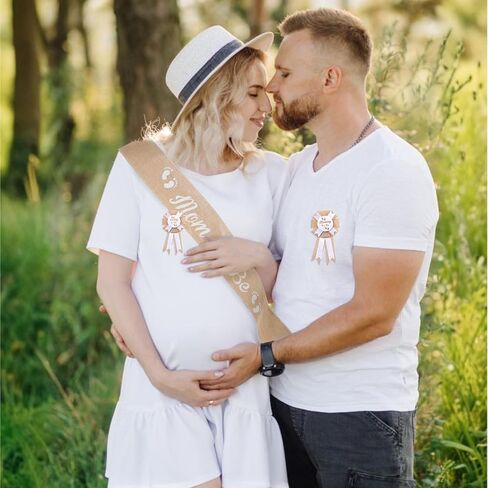 3Pcs Linen Mom to Be Sash Dad to Be Pin Baby Shower Decorations Rustic Boho Mom to Be Sash Baby Shower Sash Corsage Set for Pregnant Mommy Baby Shower Party Decorations in Kuwait