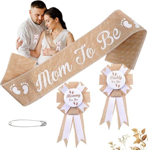 3Pcs Linen Mom to Be Sash Dad to Be Pin Baby Shower Decorations Rustic Boho Mom to Be Sash Baby Shower Sash Corsage Set for Pregnant Mommy Baby Shower Party Decorations in Kuwait