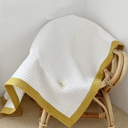 Brandream Kids Throw Blanket 100% Cotton Waffle Baby Blanket Soft Cozy Toddler, Infant or Newborn Receiving Blanket for Crib, Stroller, Decorative (White&Yellow) in Saudi Arabia