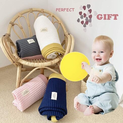 Brandream Kids Throw Blanket 100% Cotton Waffle Baby Blanket Soft Cozy Toddler, Infant or Newborn Receiving Blanket for Crib, Stroller, Decorative (White&Yellow) in Saudi Arabia