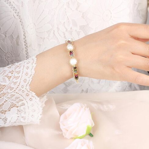 Natural Green Jade & Pearls Bracelets for Women, Natural Freshwater Pearls Jade Bracelets Jewelry Bangle, Lucky Green Jade Jewelry for Mom Lover Her (14K Gold Plated) in Kuwait