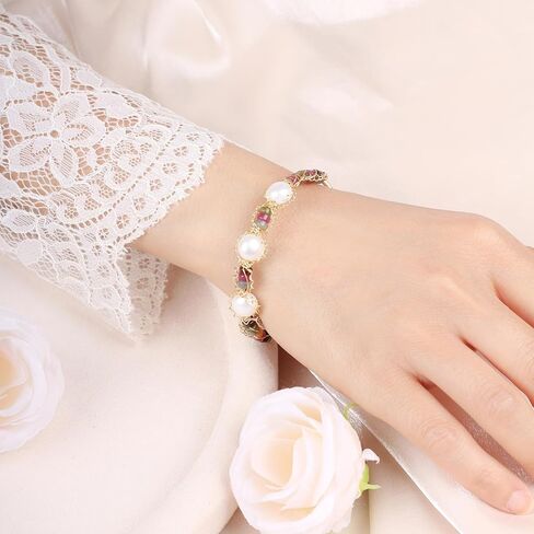 Natural Green Jade & Pearls Bracelets for Women, Natural Freshwater Pearls Jade Bracelets Jewelry Bangle, Lucky Green Jade Jewelry for Mom Lover Her (14K Gold Plated) in Kuwait