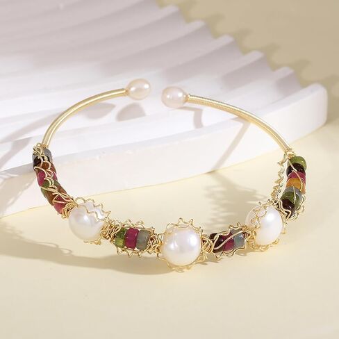 Natural Green Jade & Pearls Bracelets for Women, Natural Freshwater Pearls Jade Bracelets Jewelry Bangle, Lucky Green Jade Jewelry for Mom Lover Her (14K Gold Plated) in Kuwait