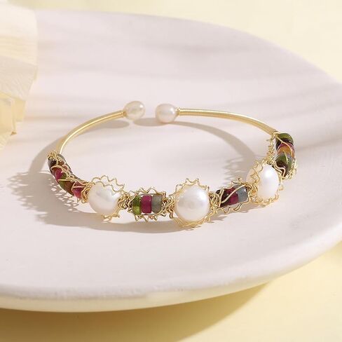 Natural Green Jade & Pearls Bracelets for Women, Natural Freshwater Pearls Jade Bracelets Jewelry Bangle, Lucky Green Jade Jewelry for Mom Lover Her (14K Gold Plated) in Kuwait