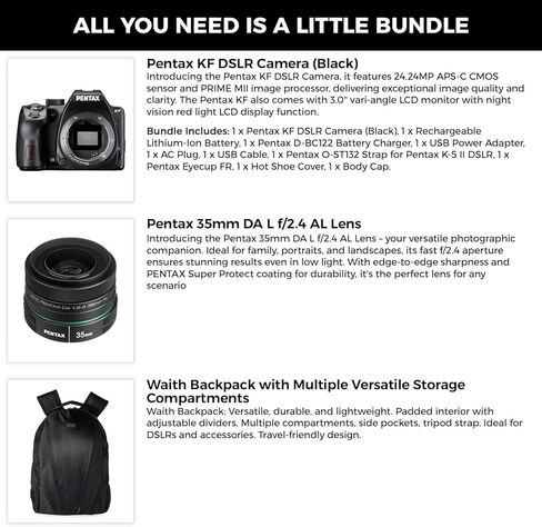 هيكل كاميرا Pentax KF APS-C الرقمية SLR (أسود) | مستشعر CMOS بدقة 24 ميجابكسل، واي فاي مدمج مع عدسة Pentax 35 مم DA L F2.4 AL وحقيبة ظهر كاميرا Waith مع مقصورات متعددة (مجموعة الحزمة) in Kuwait