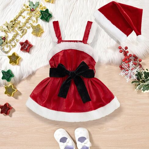 Toddler Baby Girl Christmas Dress Santa Claus Dresses Sleeveless Red Velvet Dress Princess A-line Tulle Dress with Santa Hat in Kuwait