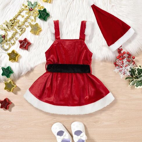 Toddler Baby Girl Christmas Dress Santa Claus Dresses Sleeveless Red Velvet Dress Princess A-line Tulle Dress with Santa Hat in Kuwait