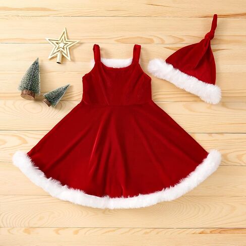 Toddler Baby Girl Christmas Dress Santa Claus Dresses Sleeveless Red Velvet Dress Princess A-line Tulle Dress with Santa Hat in Kuwait