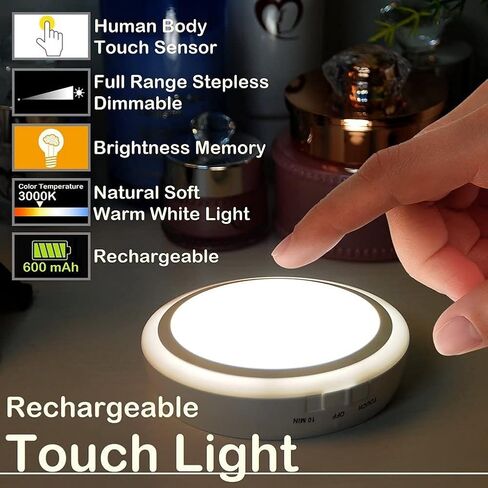 Rechargeable Touch Light with Timer, Dimmable Kids Baby Nursery Night Light Lamp, Stick-on Anywhere LED Push Tap Light for Closet Cabinet, Brightness Memory, Warm White Light in Saudi Arabia