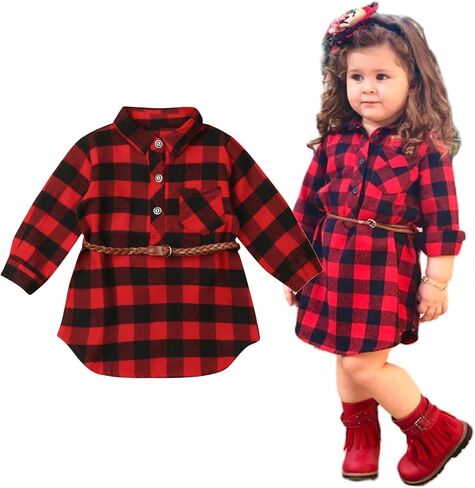 2PCS Baby Girls Plaid Shirt Dress Lapel Long Sleeve Button Irregular Trimmed Pullover Blouse + Belt in Kuwait