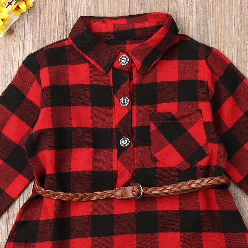 2PCS Baby Girls Plaid Shirt Dress Lapel Long Sleeve Button Irregular Trimmed Pullover Blouse + Belt in Kuwait