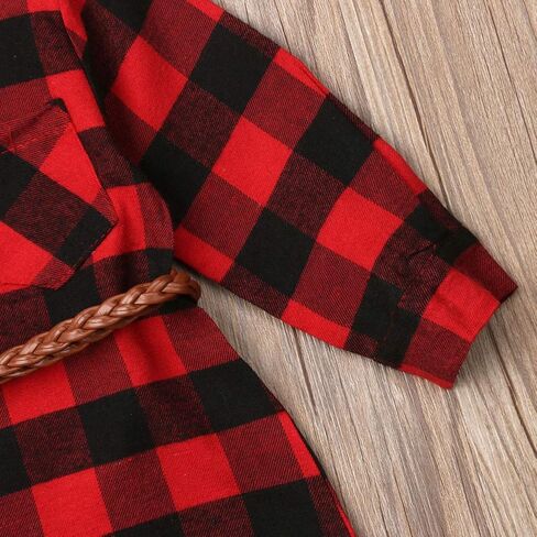2PCS Baby Girls Plaid Shirt Dress Lapel Long Sleeve Button Irregular Trimmed Pullover Blouse + Belt in Kuwait
