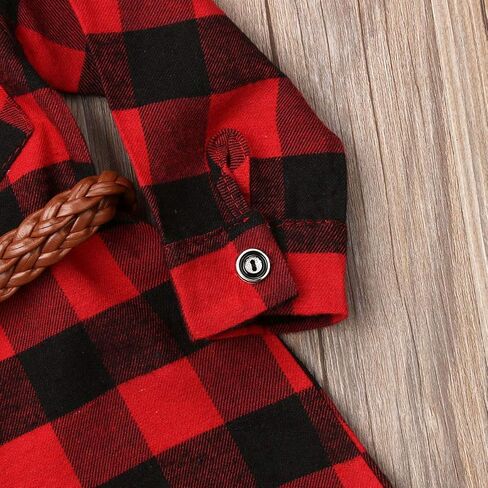 2PCS Baby Girls Plaid Shirt Dress Lapel Long Sleeve Button Irregular Trimmed Pullover Blouse + Belt in Kuwait
