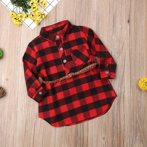 2PCS Baby Girls Plaid Shirt Dress Lapel Long Sleeve Button Irregular Trimmed Pullover Blouse + Belt in Kuwait