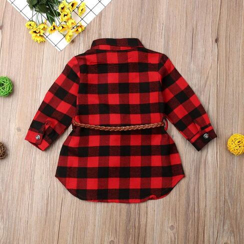 2PCS Baby Girls Plaid Shirt Dress Lapel Long Sleeve Button Irregular Trimmed Pullover Blouse + Belt in Kuwait