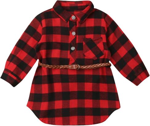 2PCS Baby Girls Plaid Shirt Dress Lapel Long Sleeve Button Irregular Trimmed Pullover Blouse + Belt in Kuwait