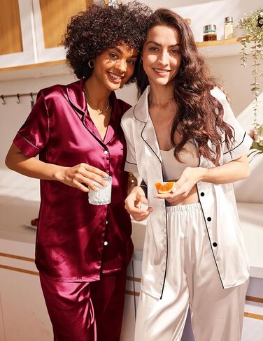 Ekouaer 2 Pack Womens Silk Satin Pajama Sets Button Down Sleepwear Short Sleeve Top and Pants Soft Pjs Lounge Set in Saudi Arabia