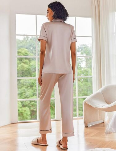 Ekouaer 2 Pack Womens Silk Satin Pajama Sets Button Down Sleepwear Short Sleeve Top and Pants Soft Pjs Lounge Set in Saudi Arabia