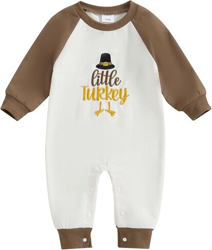 Lamuusaa Thanksgiving Baby Boy Outfit Long Sleeve Little Turkey Embroidery Romper Color Block Bodysuit Jumpsuit Fall Clothes in Saudi Arabia