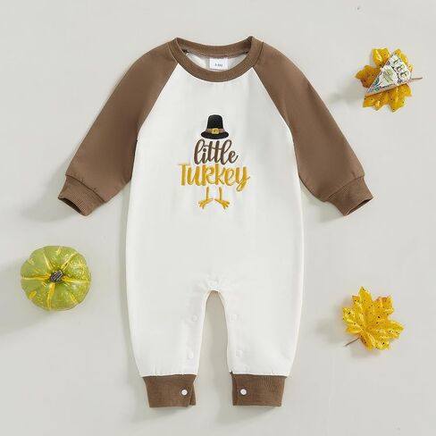 Lamuusaa Thanksgiving Baby Boy Outfit Long Sleeve Little Turkey Embroidery Romper Color Block Bodysuit Jumpsuit Fall Clothes in Saudi Arabia