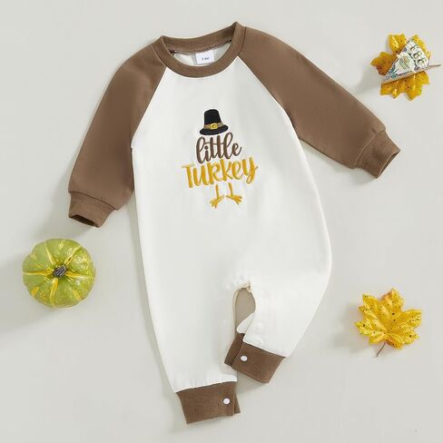 Lamuusaa Thanksgiving Baby Boy Outfit Long Sleeve Little Turkey Embroidery Romper Color Block Bodysuit Jumpsuit Fall Clothes in Saudi Arabia