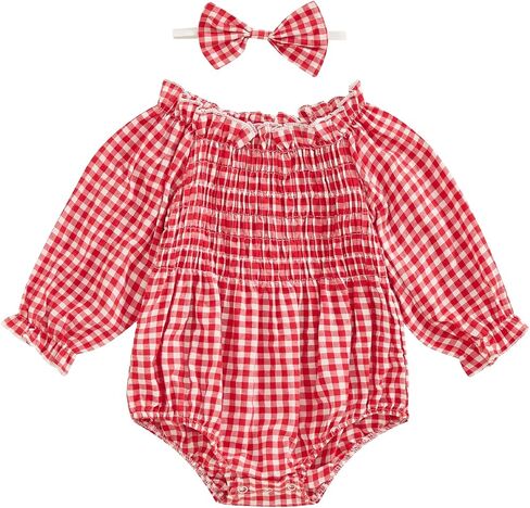 ZAXARRA Newborn Baby Girls’One Piece Plaid Bubble Romper Smocked Pleated Festival Clothes Infant Fall Checkered Outfit in Kuwait