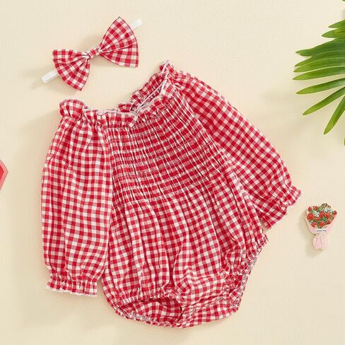 ZAXARRA Newborn Baby Girls’One Piece Plaid Bubble Romper Smocked Pleated Festival Clothes Infant Fall Checkered Outfit in Kuwait