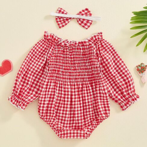 ZAXARRA Newborn Baby Girls’One Piece Plaid Bubble Romper Smocked Pleated Festival Clothes Infant Fall Checkered Outfit in Kuwait