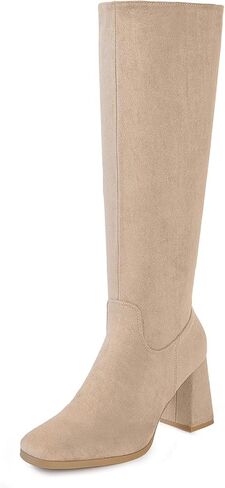 Shoe'N Tale Knee High Boots for Women Square Toe Tall Boots High Chunky Block Heeled Side Zipper in Kuwait
