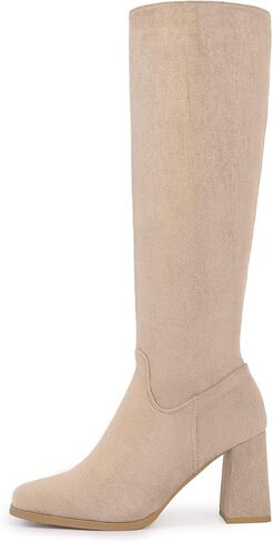 Shoe'N Tale Knee High Boots for Women Square Toe Tall Boots High Chunky Block Heeled Side Zipper in Kuwait
