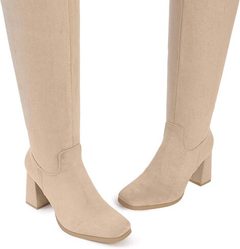 Shoe'N Tale Knee High Boots for Women Square Toe Tall Boots High Chunky Block Heeled Side Zipper in Kuwait