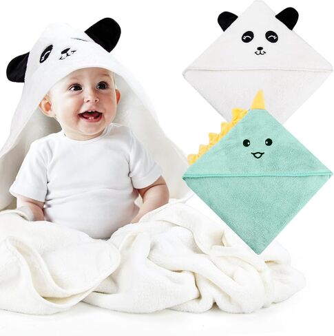 Microfiber Hooded Baby Bath Towel 34.6×34.6" Large Size. Soft and Comfortable, Unisex Baby Bath Towels. 2strips, a Must-Have for Newborns（Pandas, Dinosaurs. in Saudi Arabia