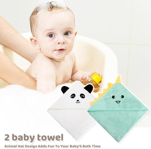Microfiber Hooded Baby Bath Towel 34.6×34.6" Large Size. Soft and Comfortable, Unisex Baby Bath Towels. 2strips, a Must-Have for Newborns（Pandas, Dinosaurs. in Saudi Arabia