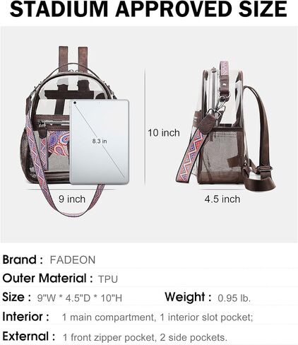 حقيبة ظهر صغيرة شفافة من FADEON للنساء، حقائب ظهر صغيرة، حقيبة شفافة مصممة على شكل حقيبة ظهر شفافة معتمدة من الاستاد باللون البني in Kuwait