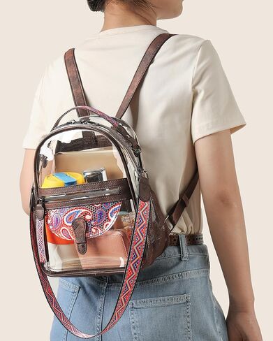 حقيبة ظهر صغيرة شفافة من FADEON للنساء، حقائب ظهر صغيرة، حقيبة شفافة مصممة على شكل حقيبة ظهر شفافة معتمدة من الاستاد باللون البني in Kuwait